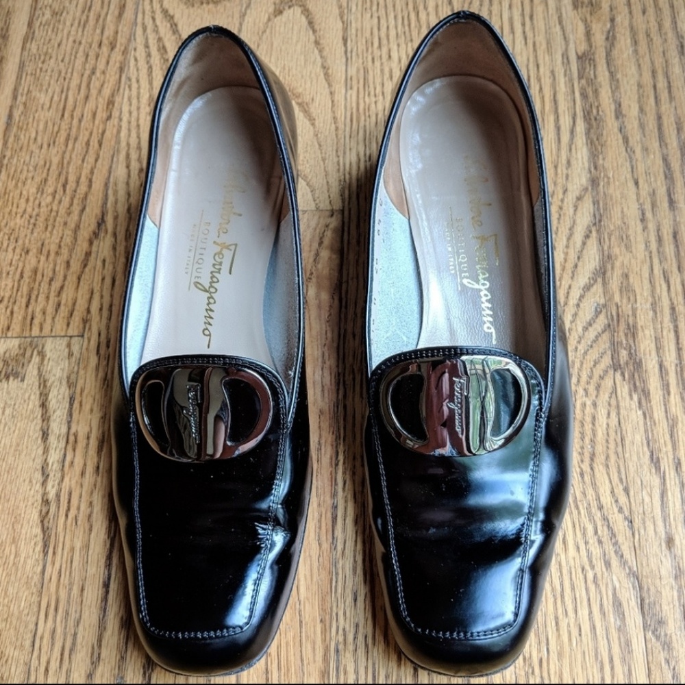 Ferragamo Loafers Patent Leather Square Toe Silver Buckle Classic Black 6.5C